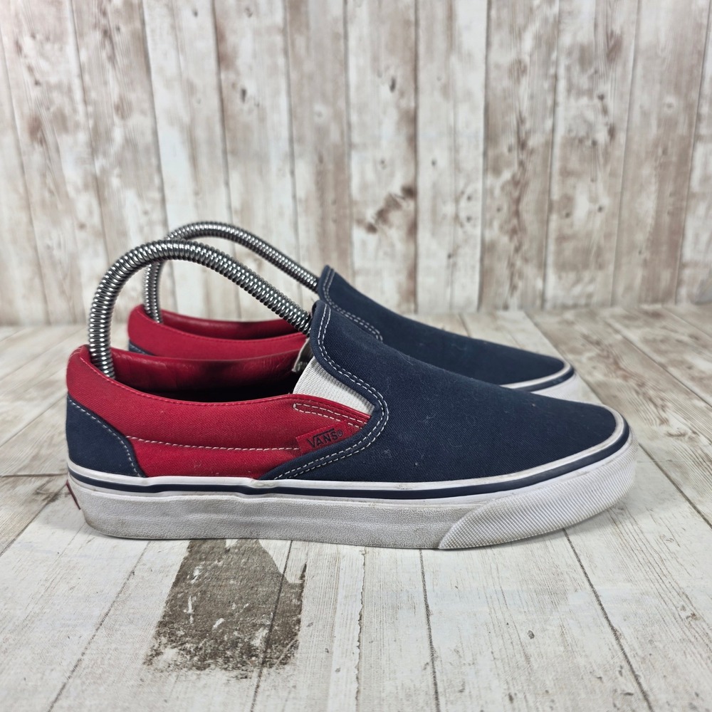 Vans Classic Slip-On Navy Blue Red Canvas Skate Shoes Womens 7.5 Mens 6.0 721278